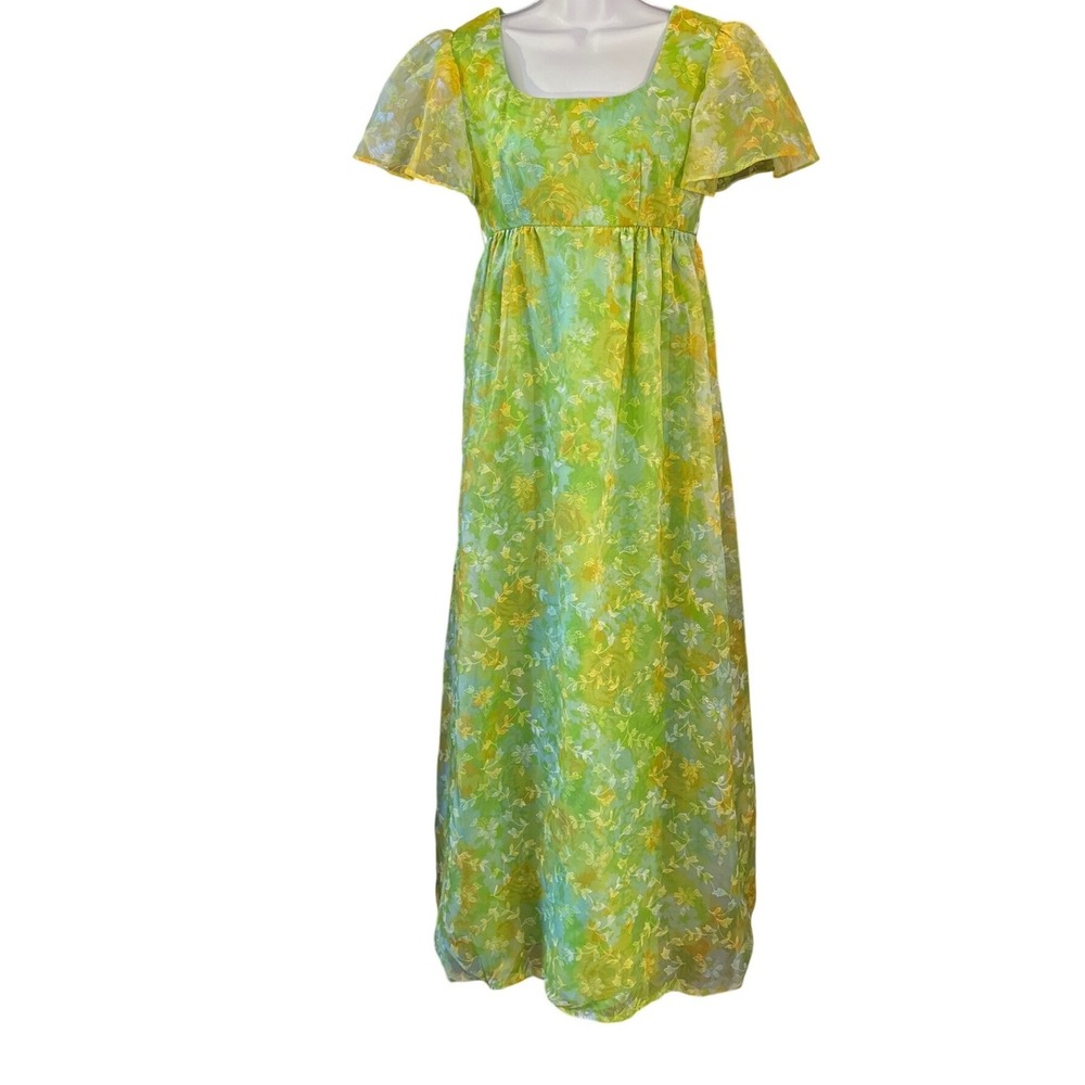 70s Unbranded Maxi Dress Cottagecore Prairie Boho Floral Lime Green Yellow